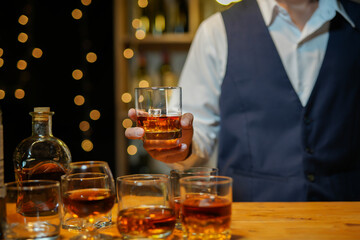 Bartender Serve beer, on wood bar, 