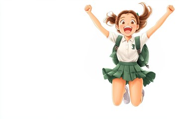 A lively digital illustration of a schoolgirl in a green uniform, joyfully jumping with her backpack