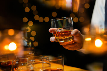 Bartender Serve Whiskey, on wood bar, 