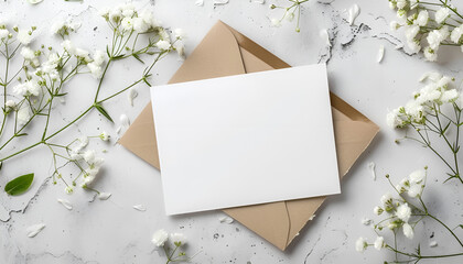 Mockup white greeting card and envelope with white flowers and light background