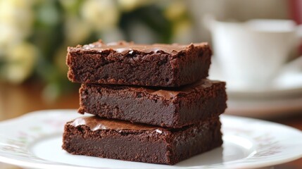 A stack of homemade chocolate brownies. Ideal for use in recipes, articles, or social media posts about baking or desserts.