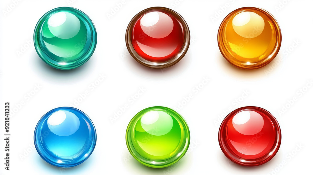 Poster glossy circle buttons and 3d round icons. set of colored glass spheres isolated on a white backgroun
