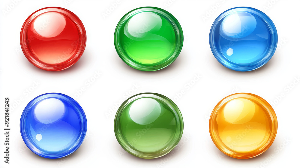 Poster glossy circle buttons and 3d round icons. set of colored glass spheres isolated on a white backgroun