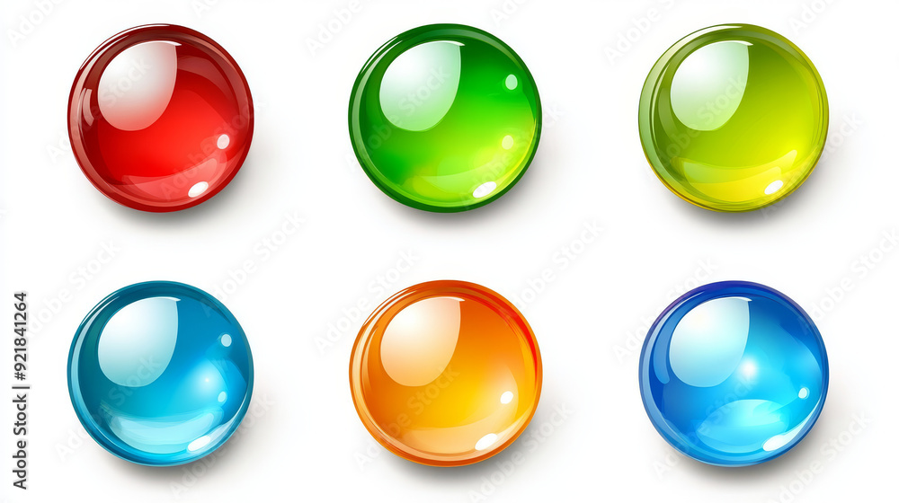 Poster glossy circle buttons and 3d round icons. set of colored glass spheres isolated on a white backgroun