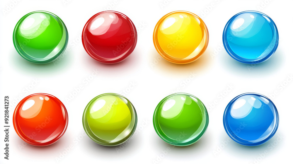 Poster glossy circle buttons and 3d round icons. set of colored glass spheres isolated on a white backgroun