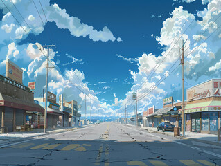 anime background illustration, empty street atmosphere in the middle of a beautiful city in the afternoon