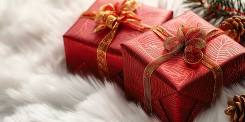 Christmas gift boxes with golden ribbons isolated on background