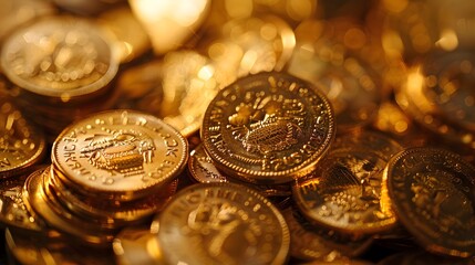 Detailed Pile of Shimmering Golden Coins with Intricate Symbols Representing Wealth and Financial Prosperity