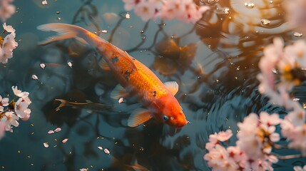 Vibrant Koi Fish Swimming Under Cherry Blossoms with Floating Petals in Serene Pond Landscape