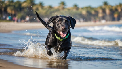 A black Labrador retriever joyfully runs along the beach, playing in the waves and enjoying a sunny day by the sea.