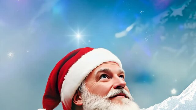 Bearded man in Santa hat gazes upward with wonder. Twinkling stars and soft blue sky create magical Christmas atmosphere. Close-up captures joyful anticipation and childlike awe.	
