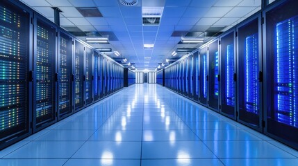 A corridor in a cutting-edge data center lined with server racks displays an impressive array of blue LED lights, creating a high-tech atmosphere