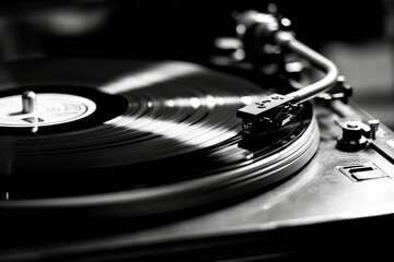 Close up of turntable with vinyl record spinning, ideal for detailed photography shots
