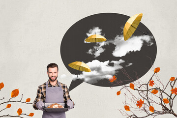 Composite photo collage of happy man maker hold fresh bread tray autumn coziness atmosphere leaves isolated on painted background