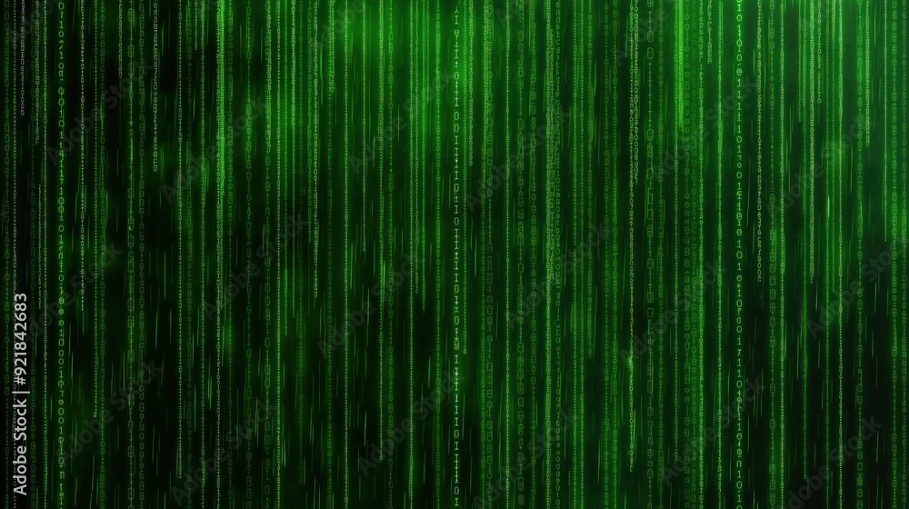 Leinwandbilder A vibrant display of green binary code flows down a dark backdrop, creating a mesmerizing effect that illustrates the concept of digital information exchange