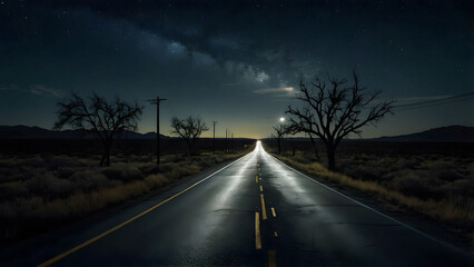 A landscape of a highway road at dark night