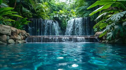 Naklejka premium Serene Cascading Waterfall in Lush Tropical Pool Oasis with Vibrant Greenery and Reflection