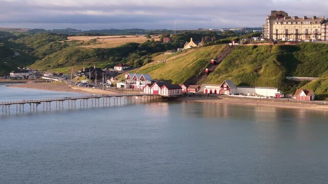 Aerial view of Saltburn pier and ocean in Cleveland, North Yorkshire in summer, early morning