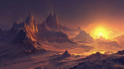 Naklejka premium An alien landscape at dawn, with the first light of a glowing sun peeking over the horizon, casting a golden light on the rugged, otherworldly mountains. The sky transitions from dark to light.