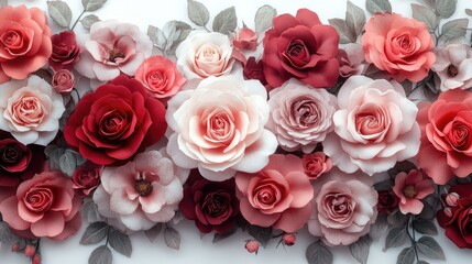 Naklejka premium Elegant small roses in shades of red and pink, arranged on a crisp white background, creating a vintage-inspired floral pattern perfect for home dÃ©cor or fashion