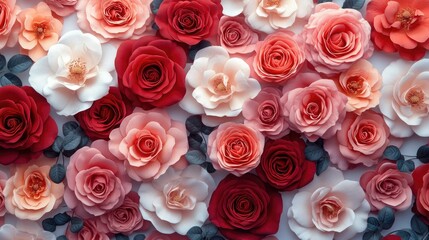 Elegant small roses in shades of red and pink, arranged on a crisp white background, creating a vintage-inspired floral pattern perfect for home dÃ©cor or fashion