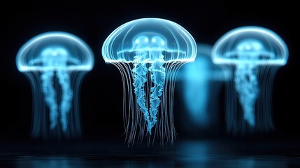 Obraz premium A group of jellyfish floating in a dark room, illuminated by a blue light emanating from below