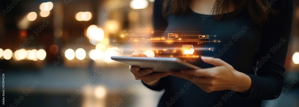 Poster woman using tablet with digital data overlay in urban setting