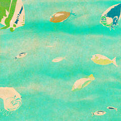 Ilustracja handmade drawing tropikalne małe ryby w pastelowych kolorach. Podwodny świat, przejrzysta woda w tle. © Monika