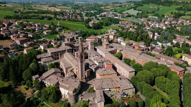 Castelvetro di Modena, Italy. Aerial forward tilt-up and sky for copy space