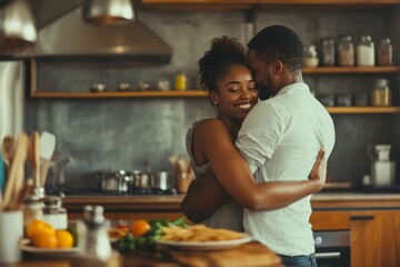 Grateful african american wife embracing husband in kitchen while cooking, copy space available