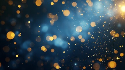 abstract Christmas background with dark blue and gold flecks. The bokeh effect of particles of Christmas golden glow on blurred background. The texture of the gold foil. Holiday concept New Year