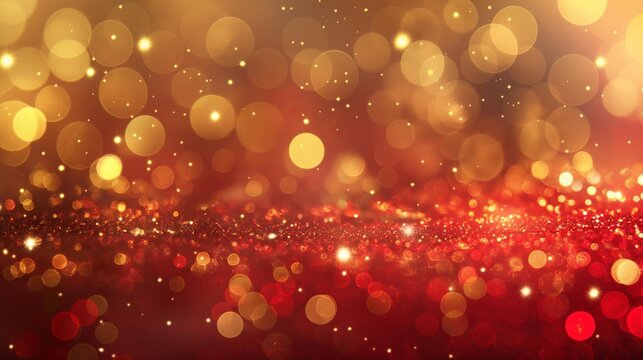 abstract Christmas background with red and gold flecks. The bokeh effect of particles of Christmas golden glow on blurred background. The texture of the gold foil. Holiday concept New Year