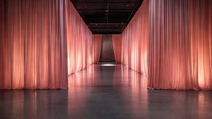 Fototapeta premium A hallway adorned with pink curtains and a clock hanging at its endpoint