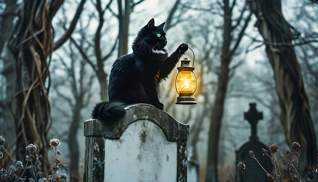 Halloween black cat with glowing green eyes sits on an old tombstone holding a lighted lantern with its paw, against a gloomy cemetery background with bare trees and headstones