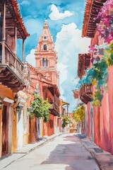 Fototapeta premium Watercolor Painting of a Narrow Street in a Historic Latin American City