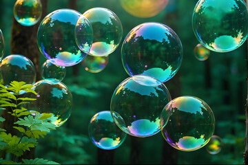 Naklejka premium Soap bubbles in the forest with bokeh background, close up