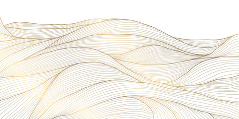 Vector line wave japanese pattern, art nature background. Gold on white sea curve illustration, asian flow template. 