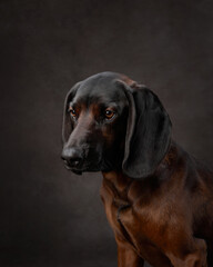 A side view of a Bavarian Scenthound dog against a neutral background, showcasing its sleek coat...