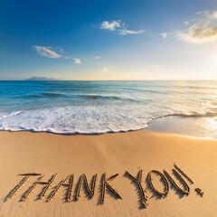AI Generated image of Thank you lettering on the beach with wave and clear blue sea. in golden sand on clean beach background. Gratitude concept. Copy space.