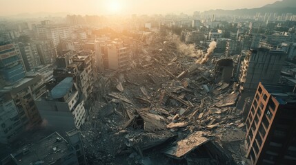 Devastating Aerial View of City Half-Destroyed by Massive Earthquake, Catastrophic Destruction