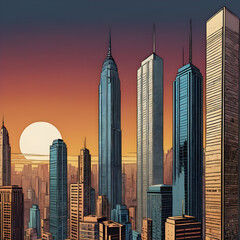 Fototapeta premium Skyscrapers in the city at sunset. 3d rendering