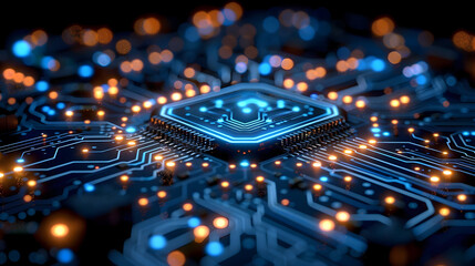 Obraz premium Abstract 3D Illustration of a Circuit Board with Glowing Lights