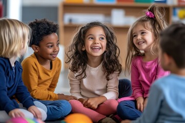 A diverse group of children sitting together in a circle in a warm, classroom setting, engaging in conversation and enjoying each other's company, fostering unity and learning.