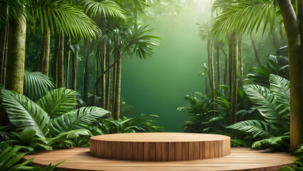 Fototapeta premium Wooden podium in tropical jungle. Empty stage for product display.