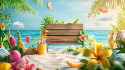 Hello Summer poster or banner template featuring a wooden sign and a tropical beach scene with the sun and party elements. Ideal for product displays, this tropical summer scene.