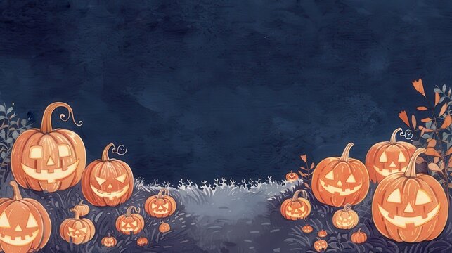 Jack-o'-lanterns glow in a dark, mysterious forest. Perfect for Halloween cards and invitations.