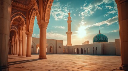 Fototapeta premium View from under an archway of a mosque courtyard with blue dome and minaret against a blue sky with white clouds.