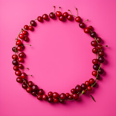 Obraz premium Creative layout made of fresh cherries on pink background. Flat lay, top view.