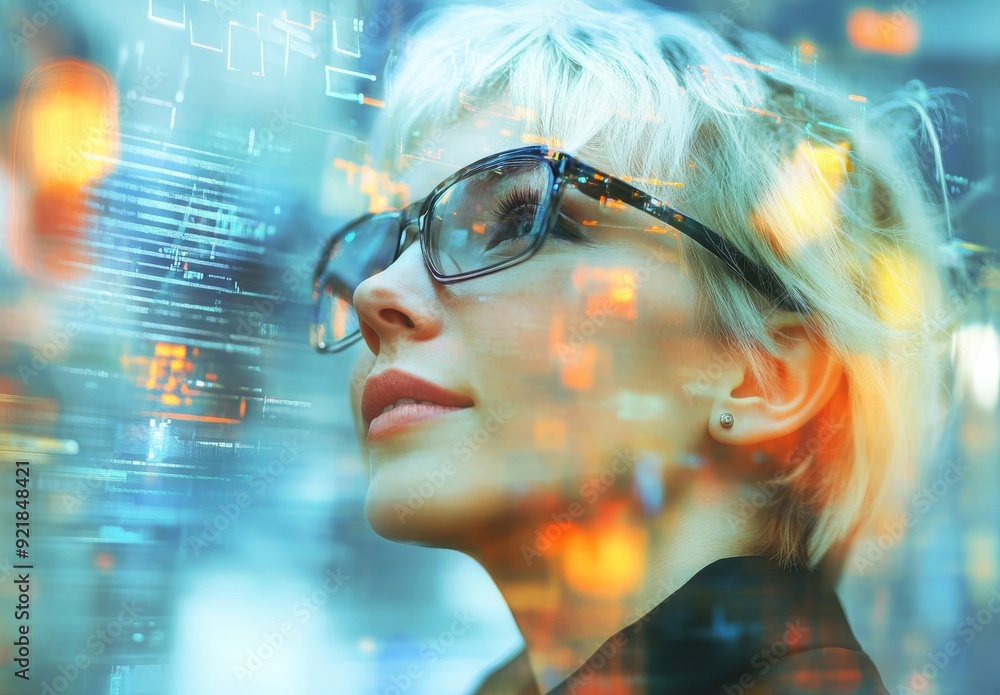Poster in the dark workplace with a 3d hologram abstract for programming, a woman with a tech overlay and c
