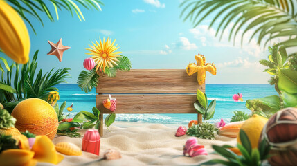 Hello Summer poster or banner template featuring a wooden sign and a tropical beach scene with the sun and party elements. Ideal for product displays, this tropical summer scene is perfect for promoti